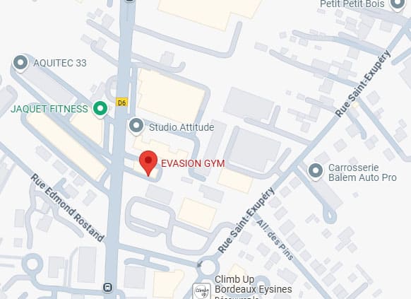 Carte affichant EVASION GYM (épingle rouge) à Eysines, près D6, Rue Saint-Exupéry, JAQUET FITNESS, Studio Attitude.