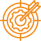 Icône orange : Cible centrale avec une étoile et une trajectoire frappant le point d'impact. Symbolise l'objectif atteint.
