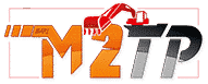 Logo M2TP, les lettres M et le chiffre 2 en orange, TP en gris. Une grue rouge agrippe le 2.