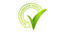 Logo de validation RC avec coche verte et flèche circulaire RESPONSIBILITÉ CIVILE.